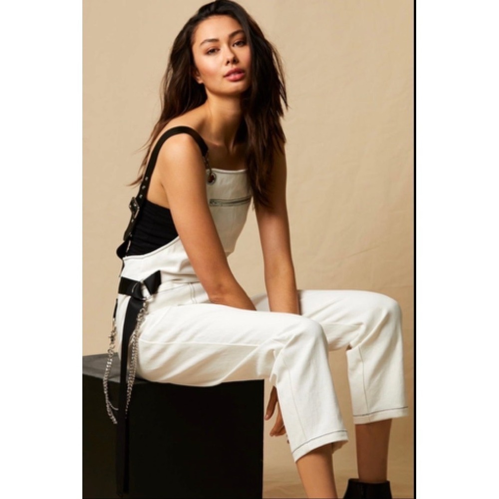 Choosy Overalls Jumpsuit Womens XS White Straight Leg Ribbon Tie Straps damaged